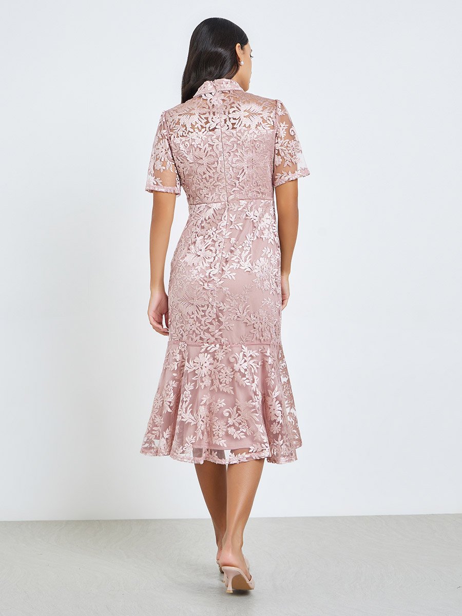 Pink All-Lace Mermaid Hem Midi Dress