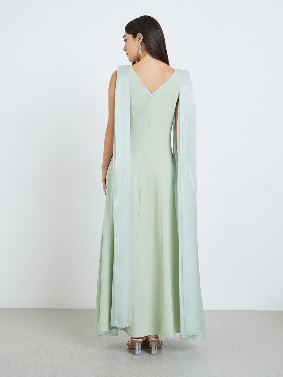 Green Sleeveless Draped Detail A-Line Maxi Dress For Women at Saudi | Styli