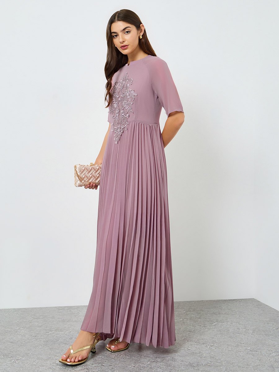 Women Lilac Embroidered Lace Pleated Maxi Dress