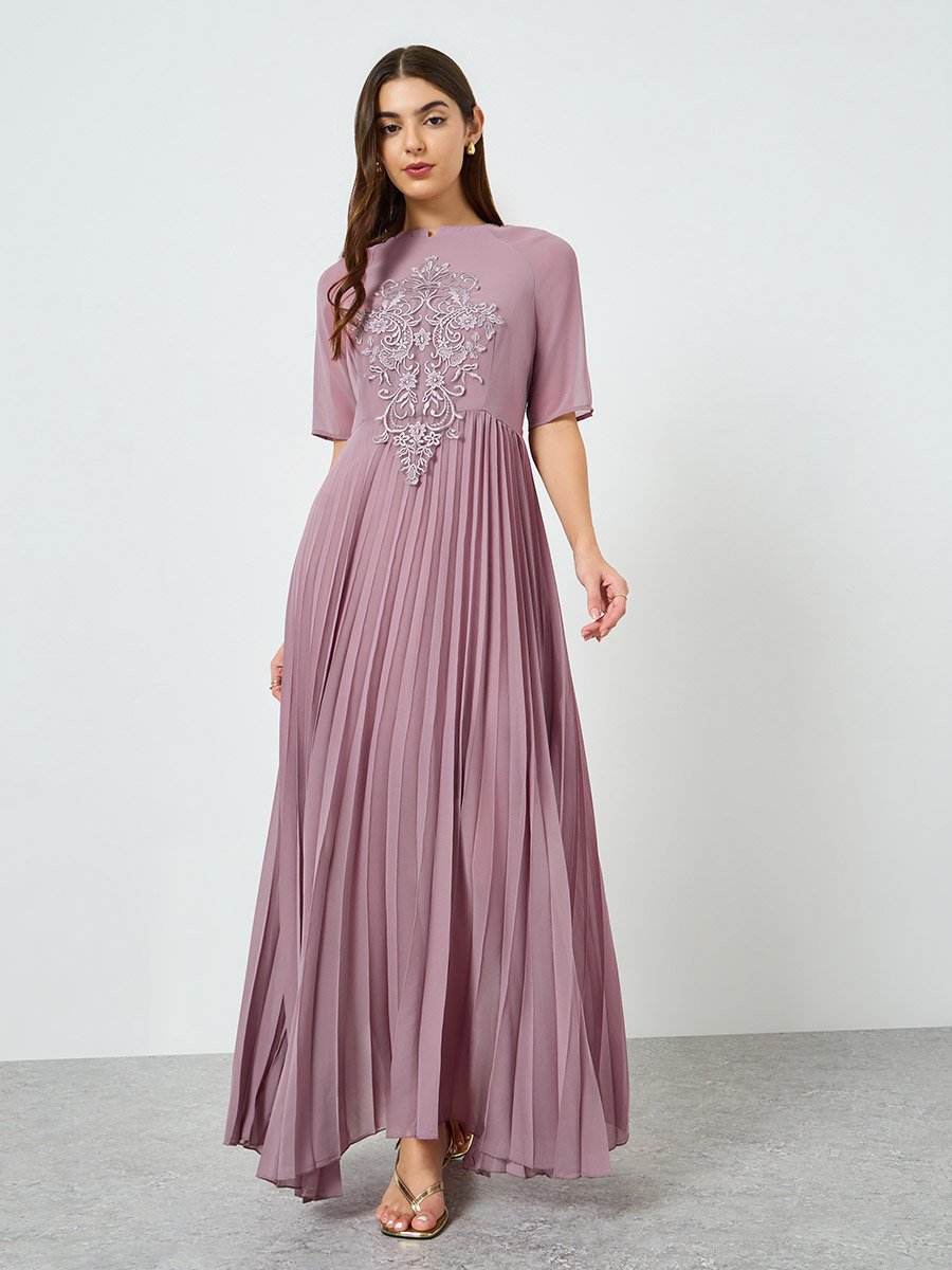 Women Lilac Embroidered Lace Pleated Maxi Dress