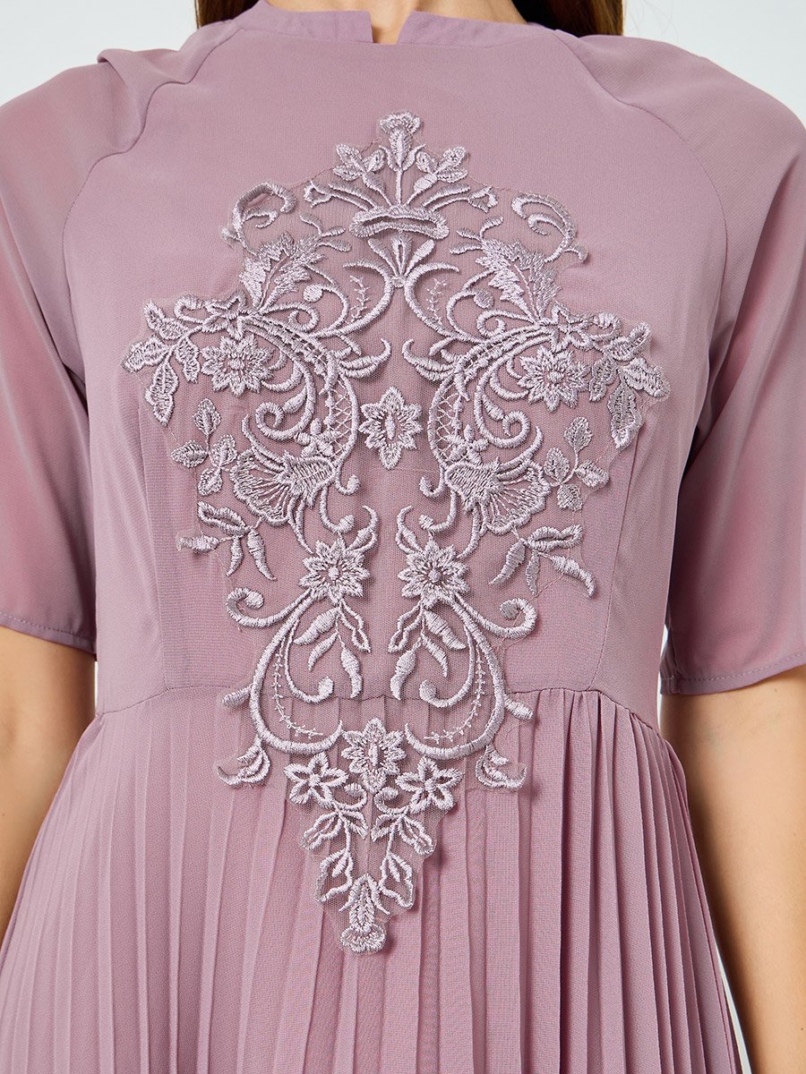 Women Lilac Embroidered Lace Pleated Maxi Dress