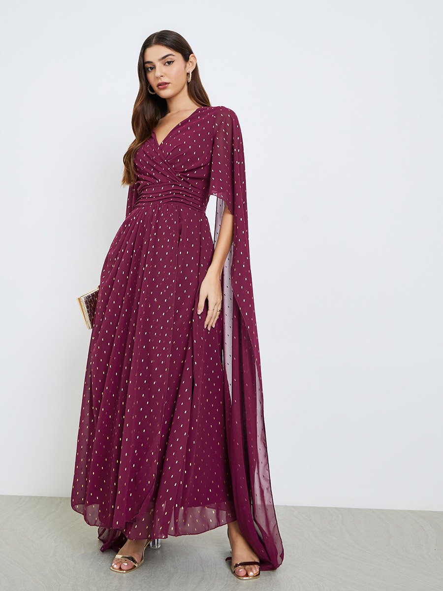 Burgundy Foil Print Cape Sleeve Maxi Dress