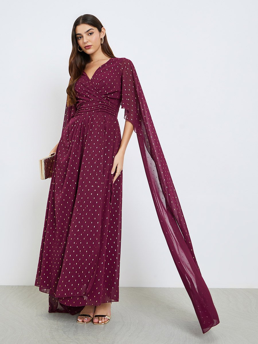 Burgundy Foil Print Cape Sleeve Maxi Dress