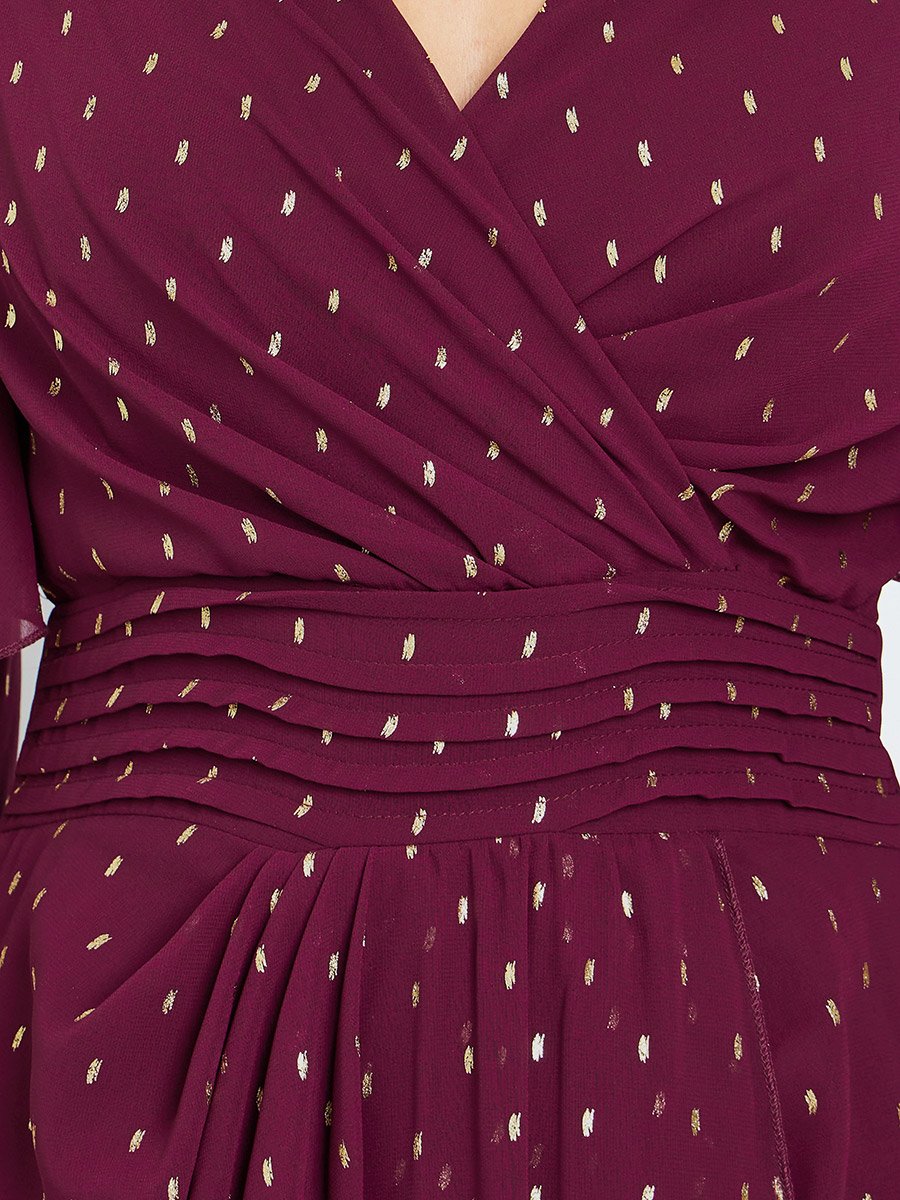 Burgundy Foil Print Cape Sleeve Maxi Dress