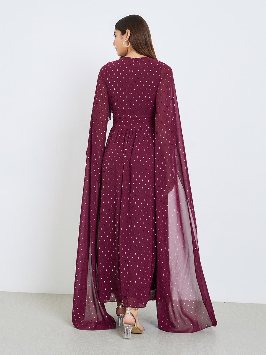 Burgundy Foil Print Cape Sleeve Maxi Dress