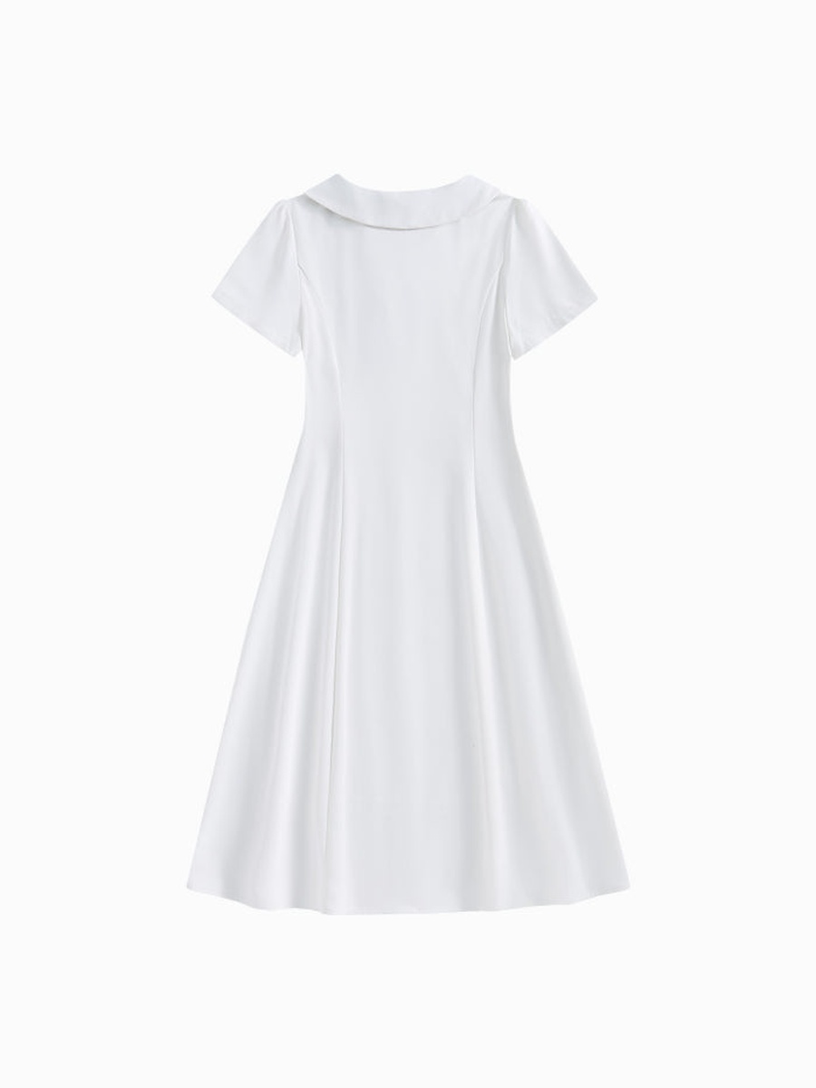 Women Short Sleeve Delicate Shirt Dress - Bow Neck with Bib Collar