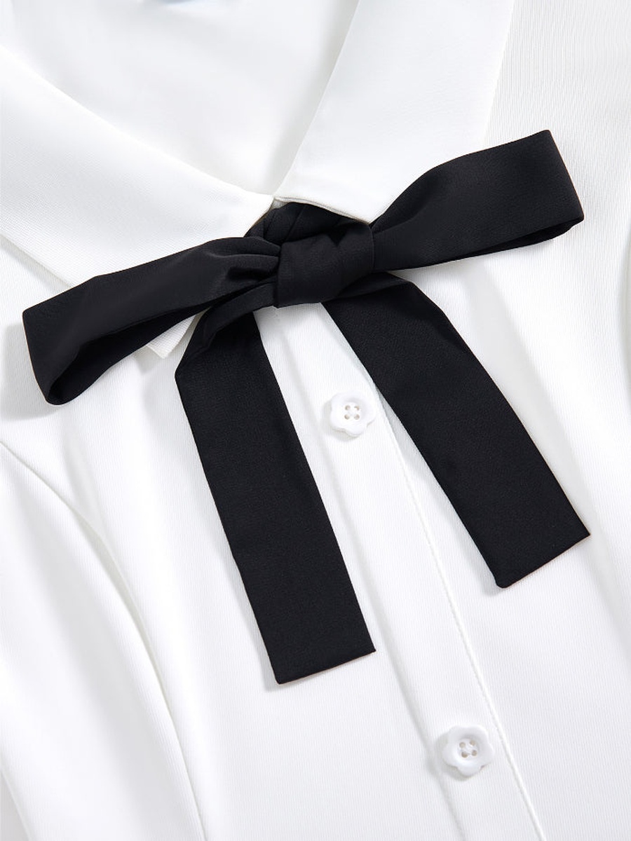 Women Short Sleeve Delicate Shirt Dress - Bow Neck with Bib Collar