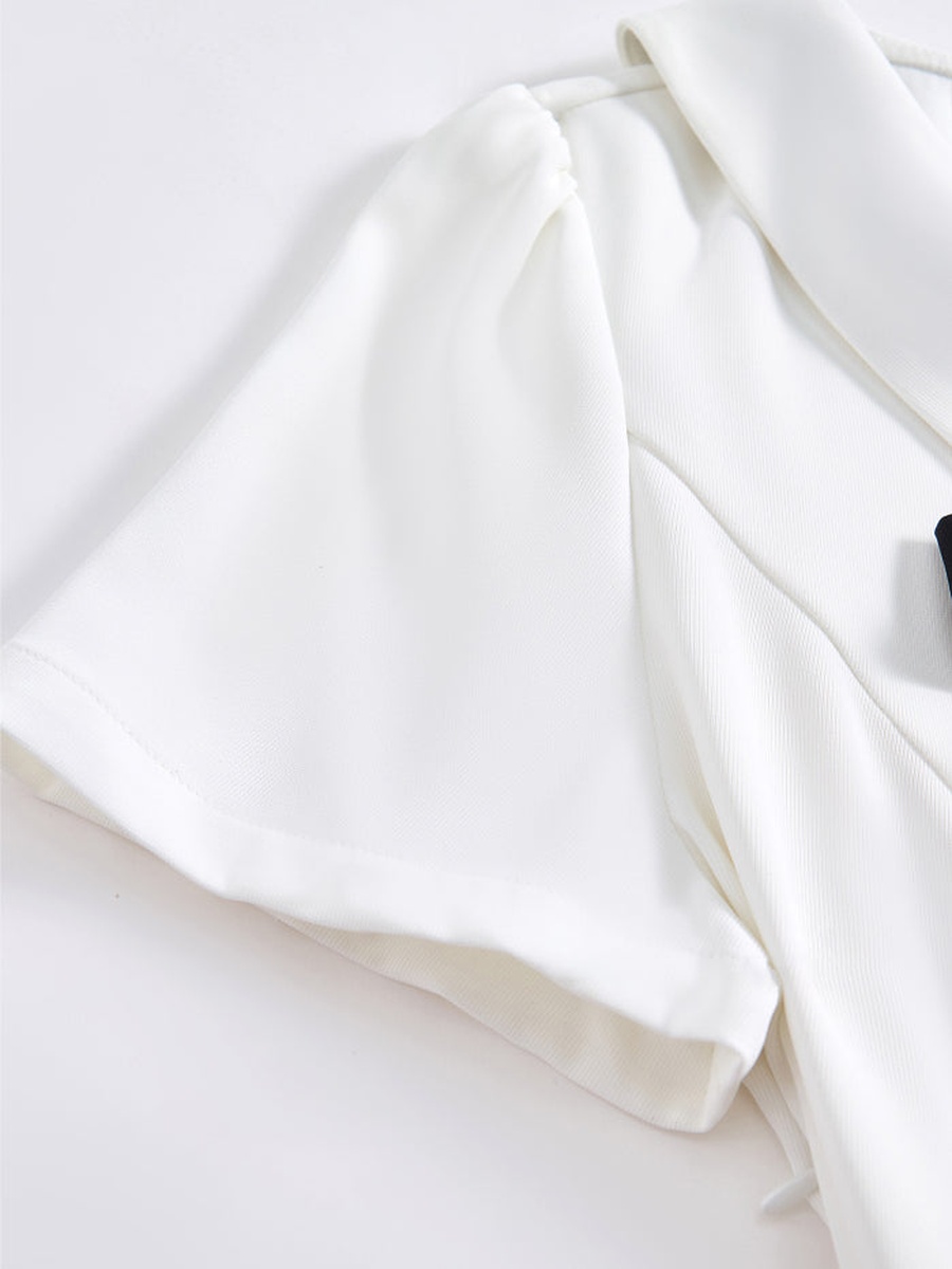 Women Short Sleeve Delicate Shirt Dress - Bow Neck with Bib Collar