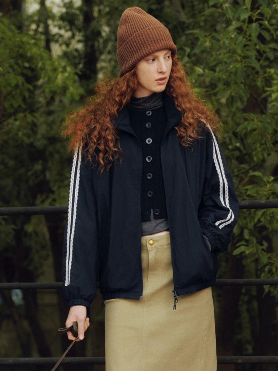 Women Zip Up Windbreaker Jacket with Stripe Detail