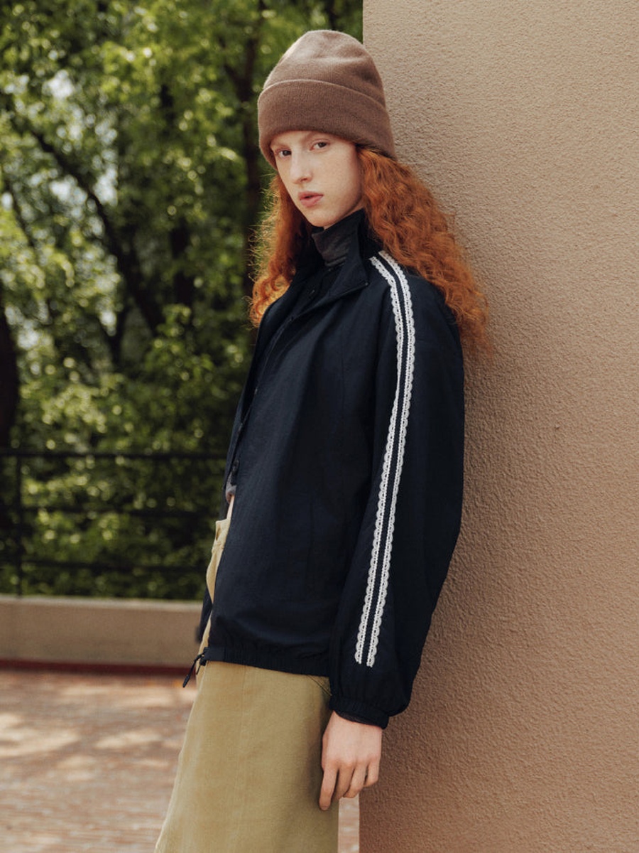 Women Zip Up Windbreaker Jacket with Stripe Detail