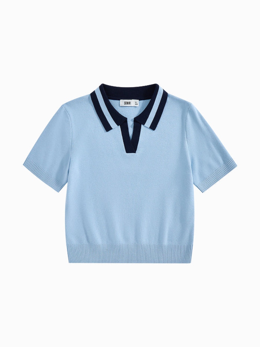 Women Contrast Collar Short Sleeve Knitted Top