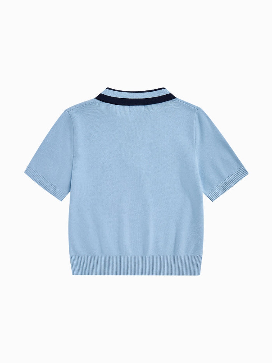 Women Contrast Collar Short Sleeve Knitted Top