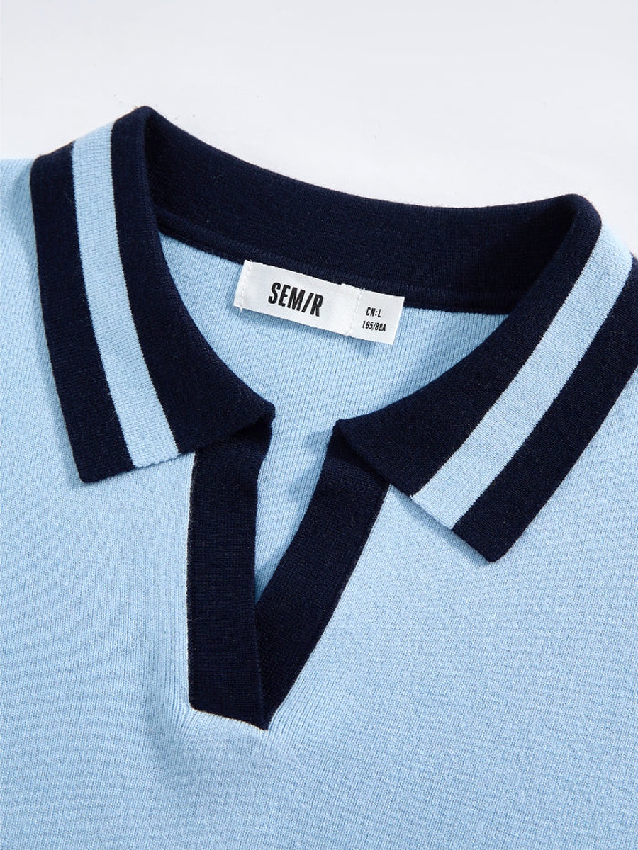 Women Contrast Collar Short Sleeve Knitted Top