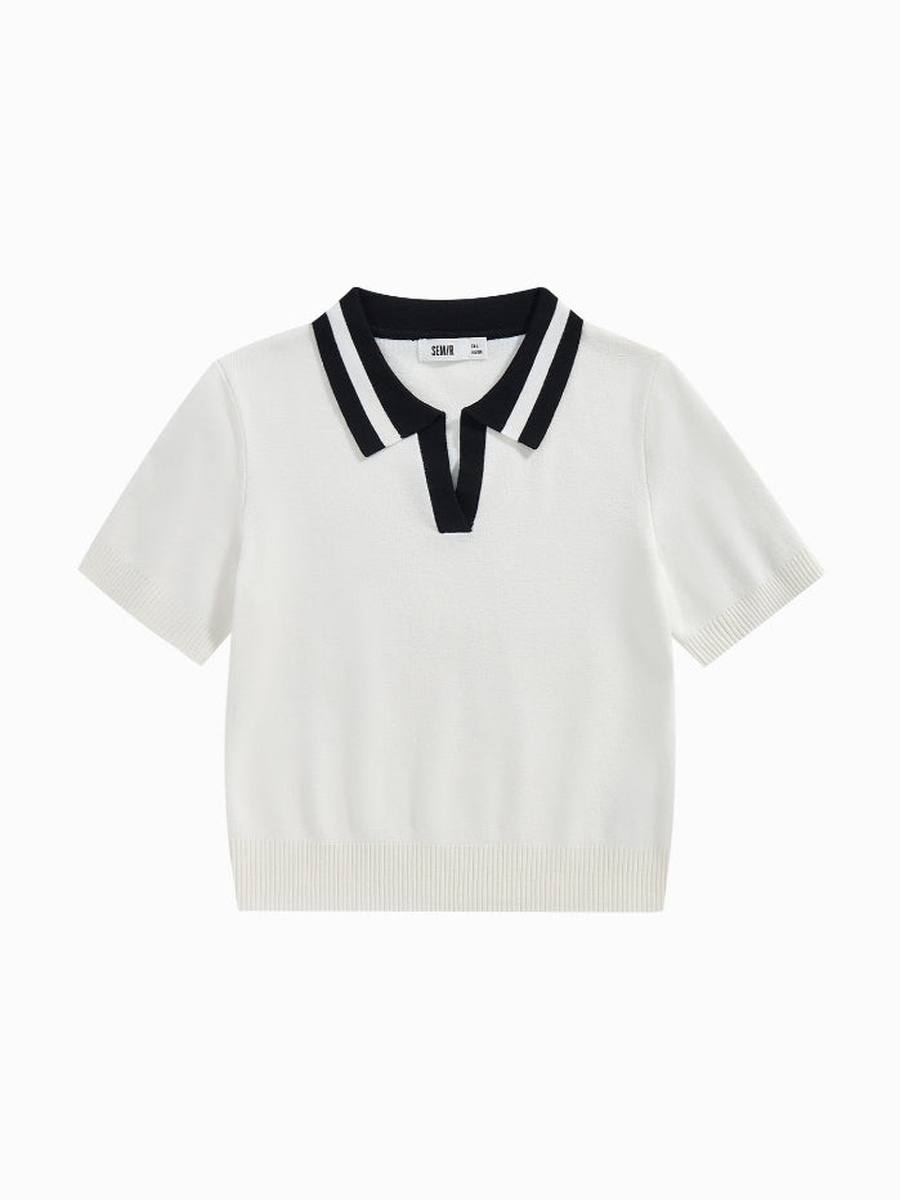 Women Short Sleeve Knitted Top - V Neck with Contrast Color Line on Collar