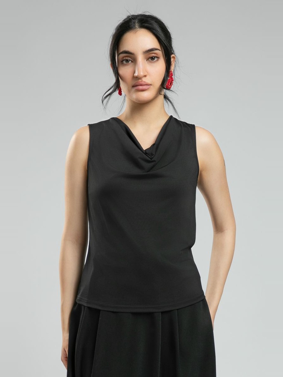 Sleeveless Blouse - Solid Color, Draped Neckline