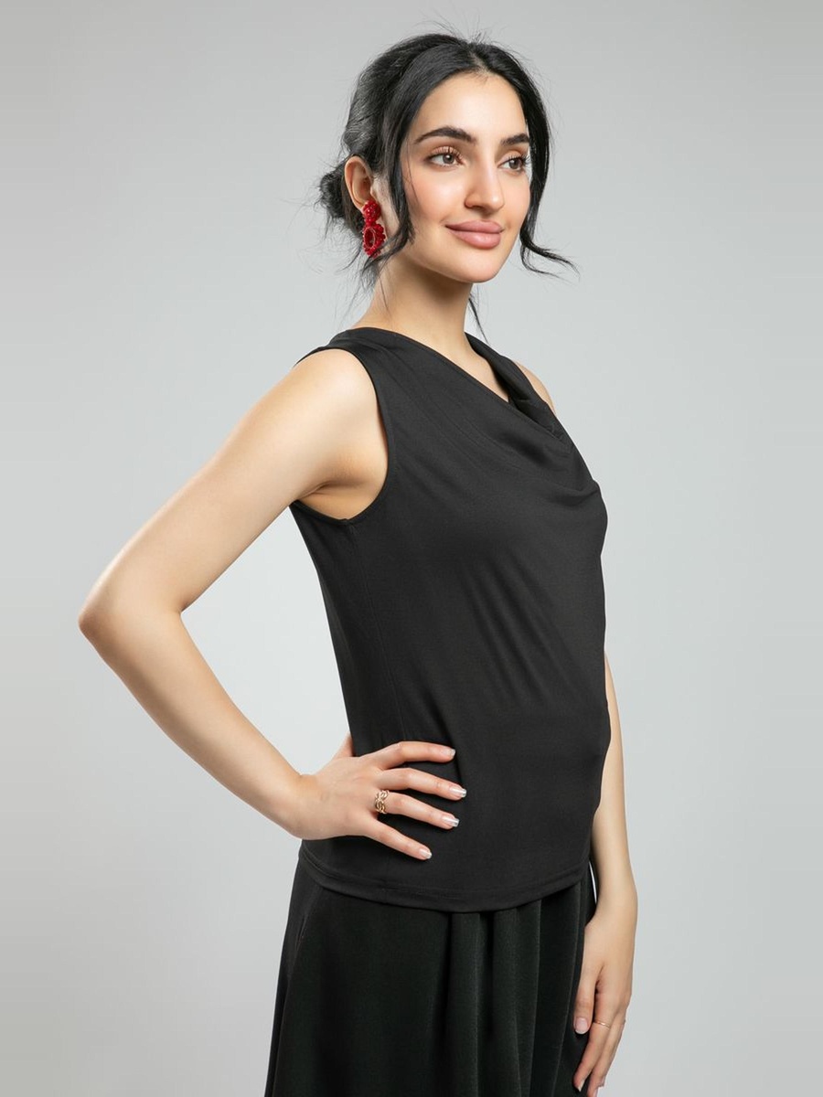 Sleeveless Blouse - Solid Color, Draped Neckline