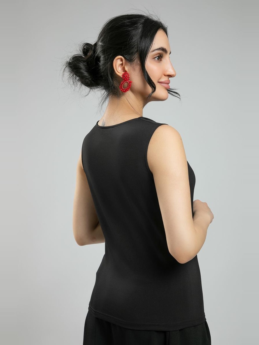 Sleeveless Blouse - Solid Color, Draped Neckline
