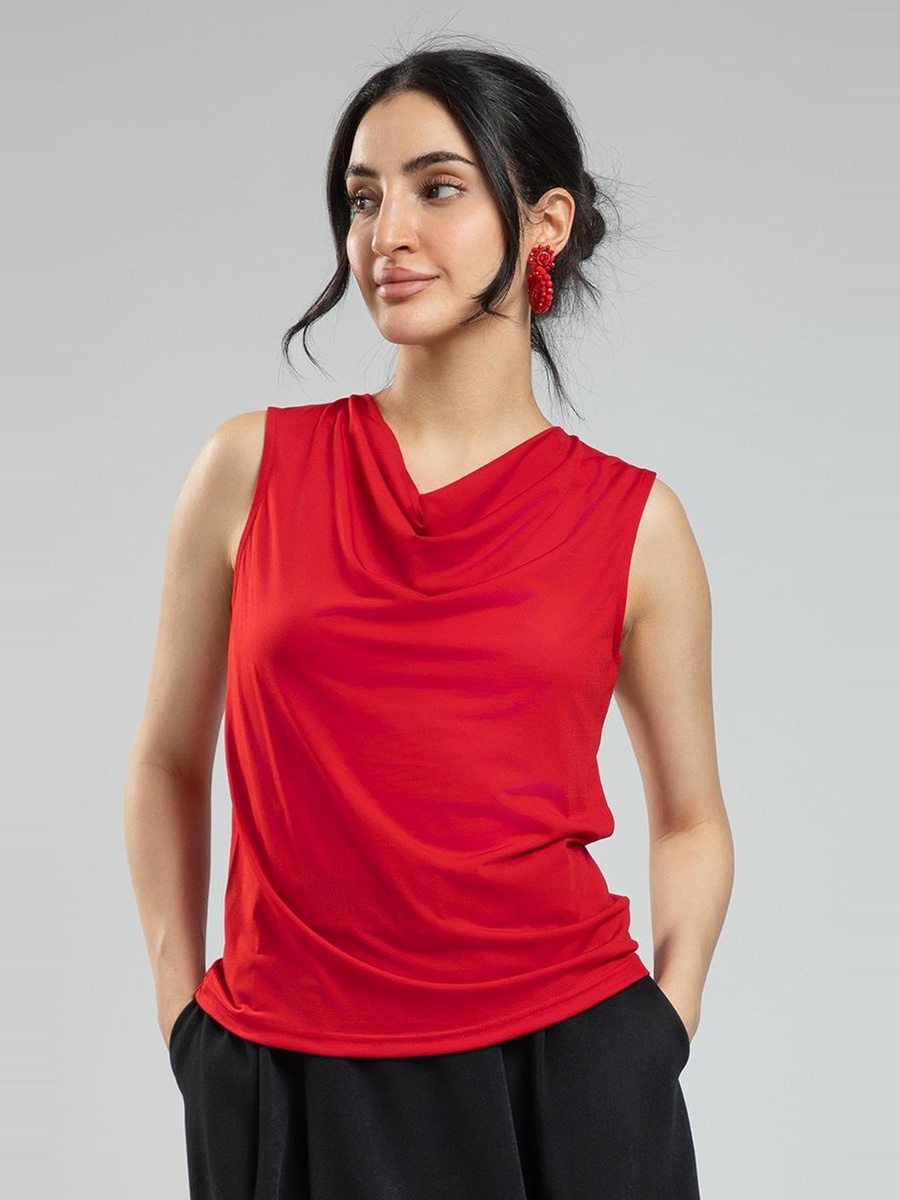 Sleeveless Blouse - Solid Color, Draped Neckline