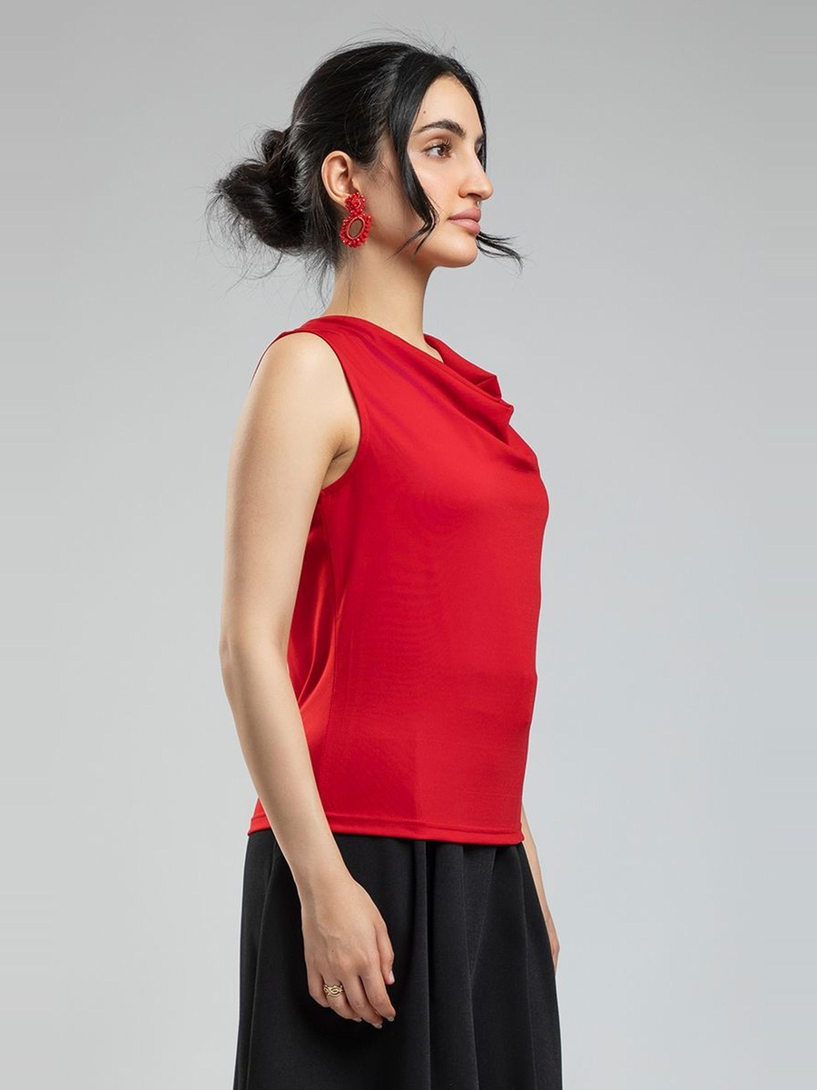 Sleeveless Blouse - Solid Color, Draped Neckline