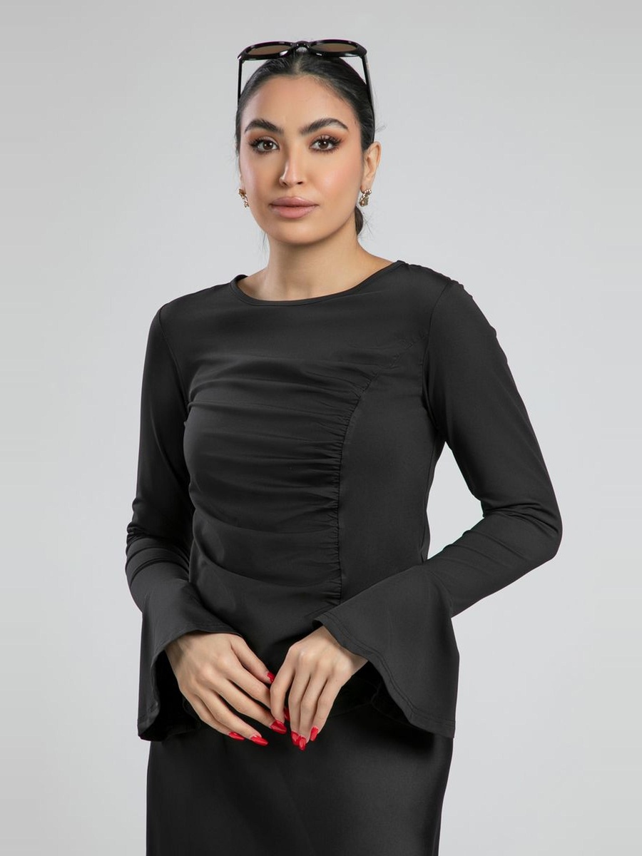 Ruched Front Blouse with Flared Sleeves