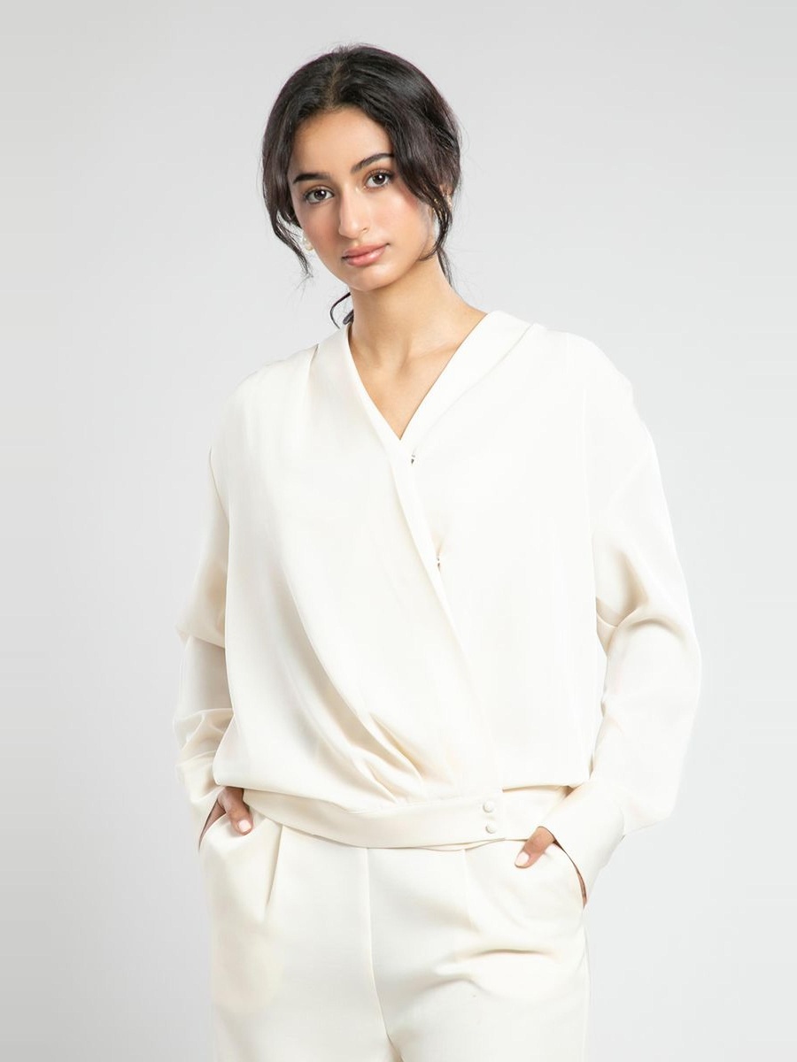 Wrap Style Blouse with Buttoned Hem