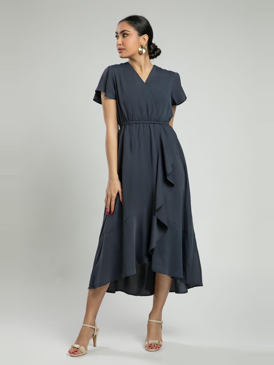 Short Sleeve Midi Dress with Cascading Detail