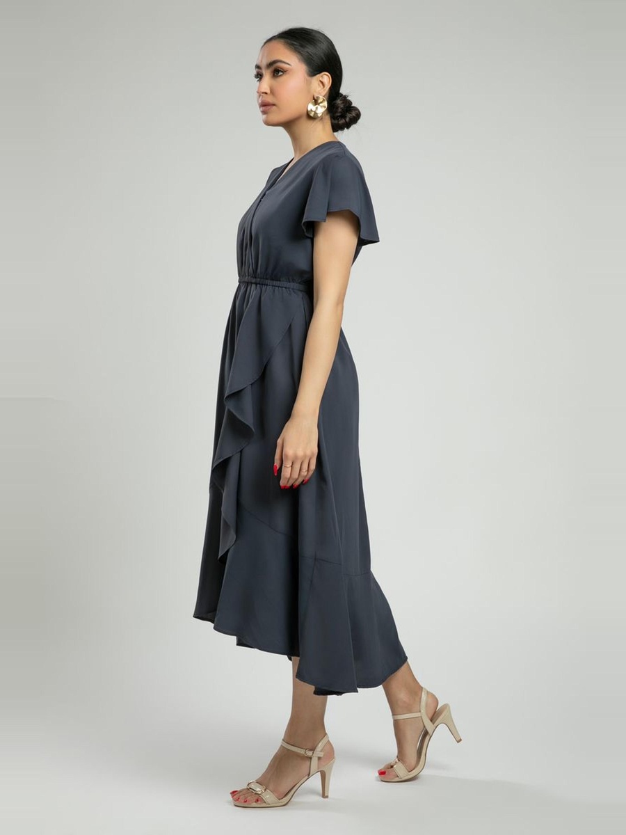 Short Sleeve Midi Dress with Cascading Detail