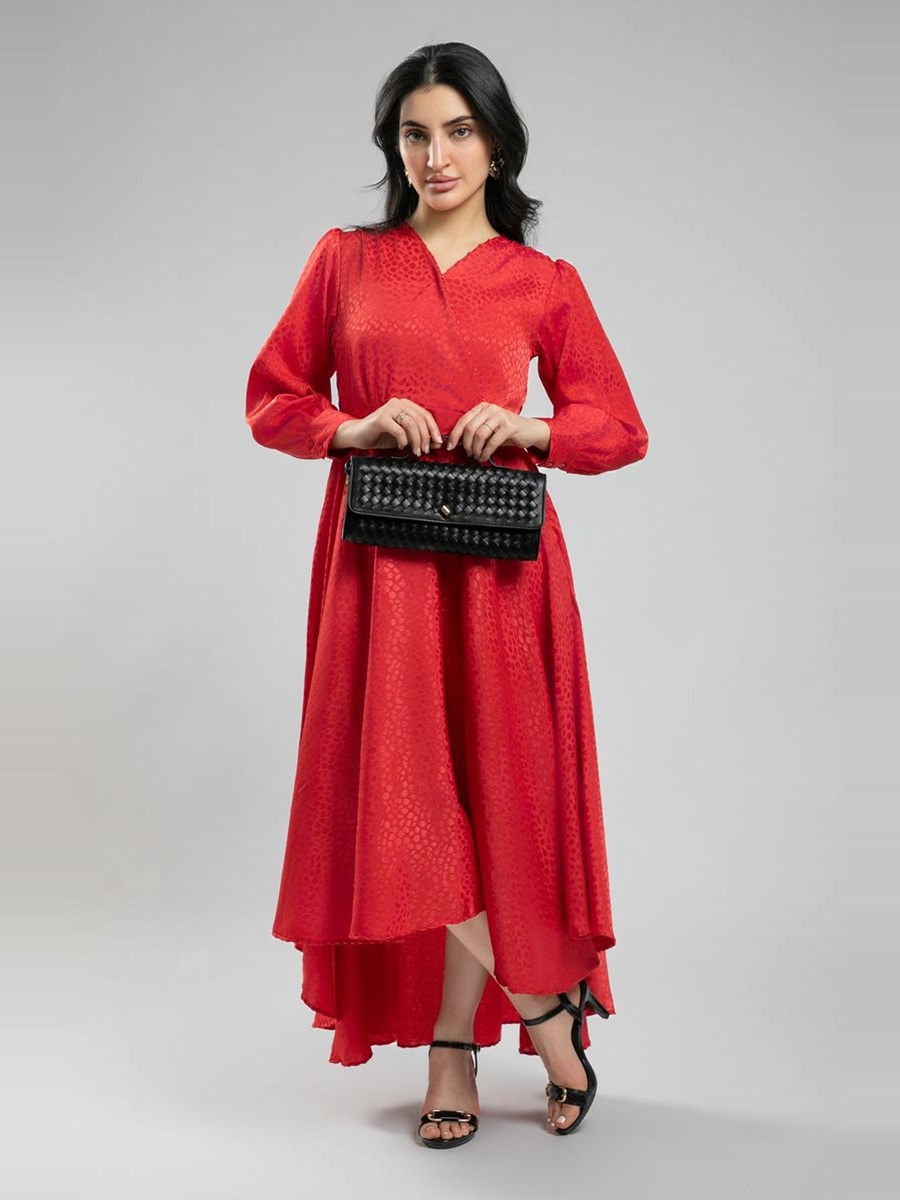 Satin Long Dress with Long Sleeves - Subtle Pattern and Asymmetrical Hem