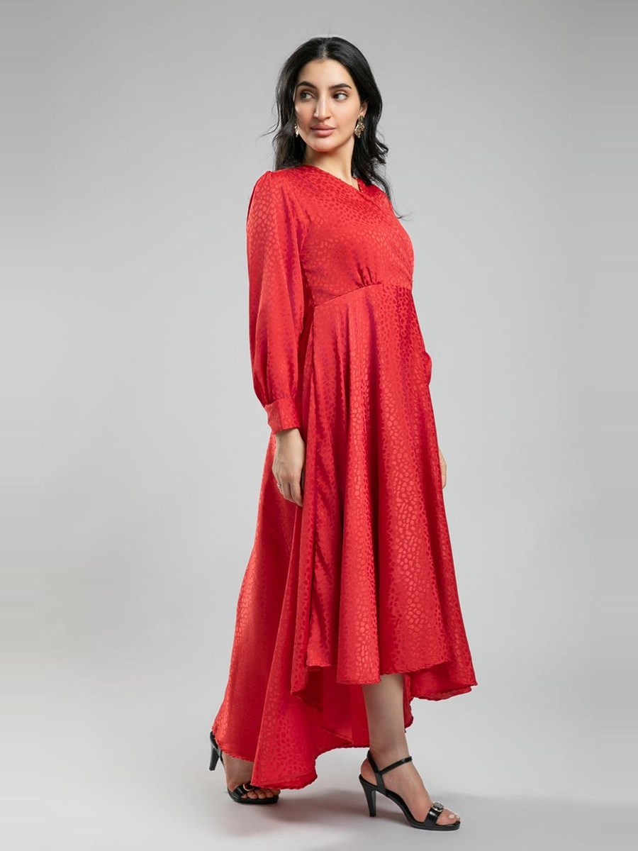Satin Long Dress with Long Sleeves - Subtle Pattern and Asymmetrical Hem