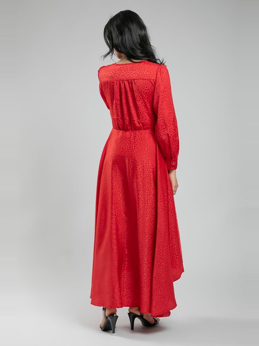 Satin Long Dress with Long Sleeves - Subtle Pattern and Asymmetrical Hem