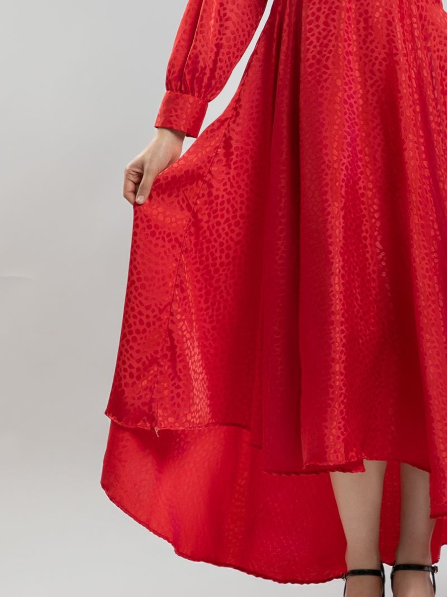 Satin Long Dress with Long Sleeves - Subtle Pattern and Asymmetrical Hem