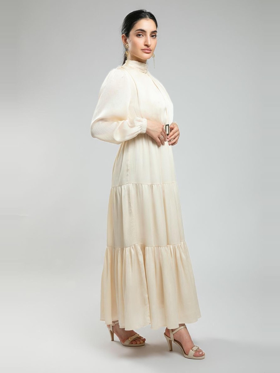 Feminine Long Sleeve Maxi Dress - Layered Design with Printed Fabric and Waist Belt