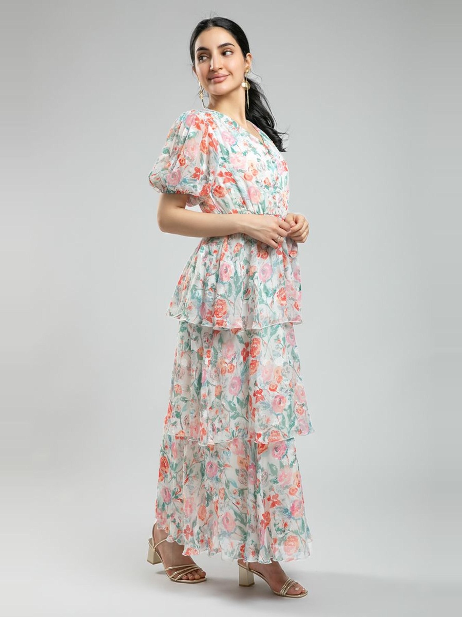 Floral Maxi Dress - Short Balloon Sleeves, Layered Ruffles and Waist Tie