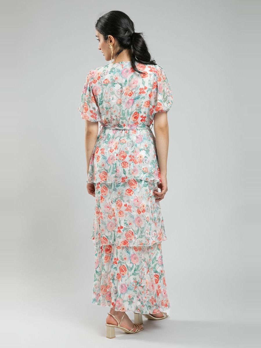 Floral Maxi Dress - Short Balloon Sleeves, Layered Ruffles and Waist Tie
