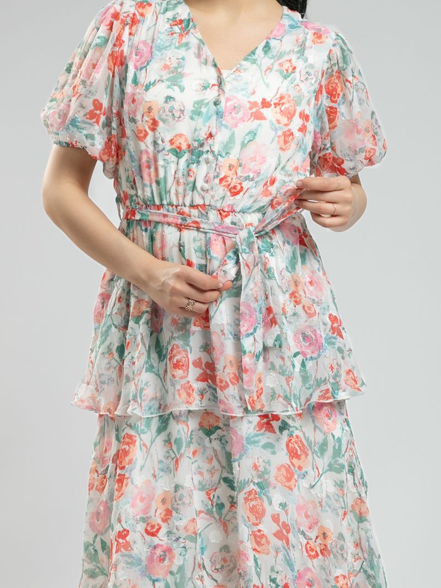 Floral Maxi Dress - Short Balloon Sleeves, Layered Ruffles and Waist Tie