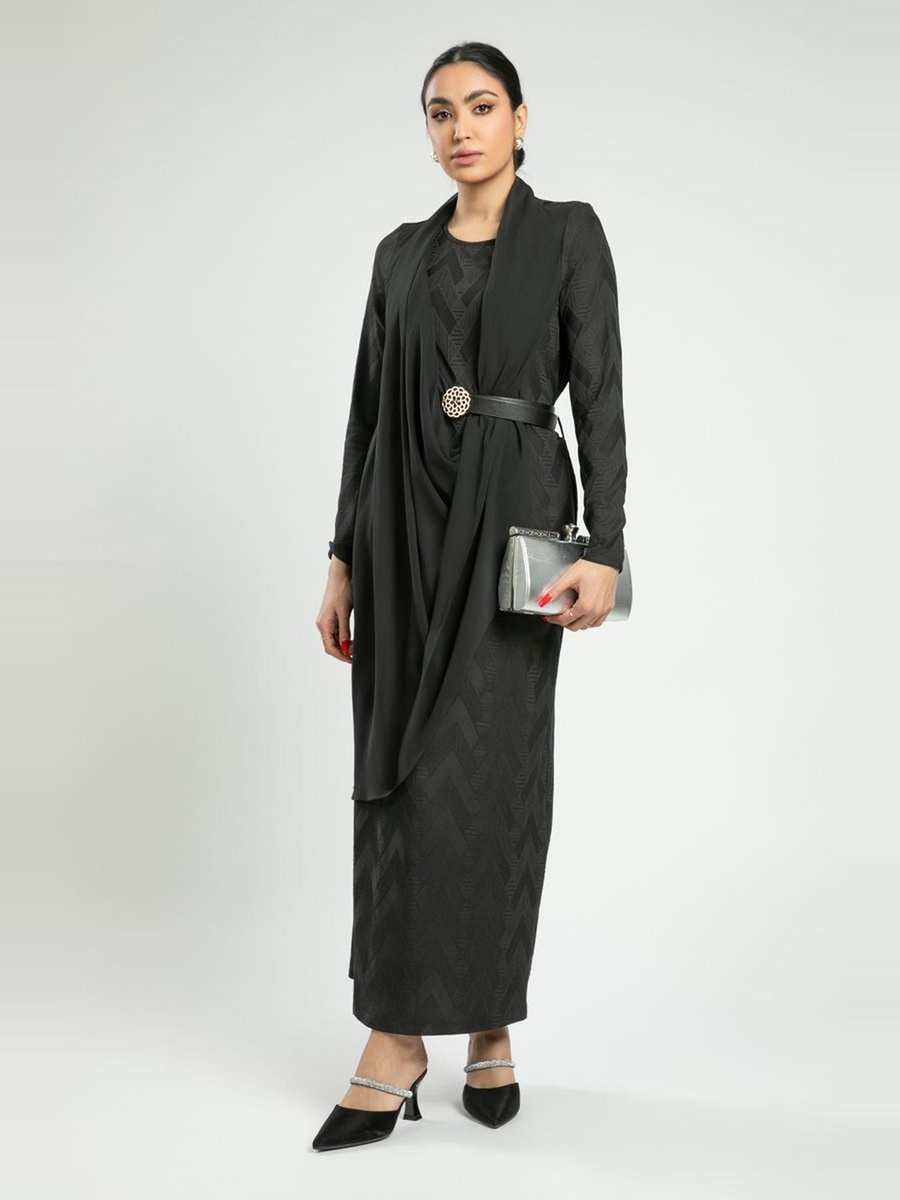 Embroidered Long Dress with Draped Panel