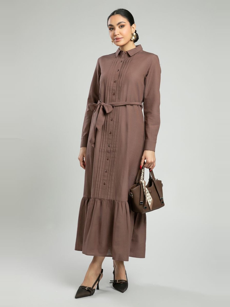 Shirt Dress with Belt And Embroidered Pleats