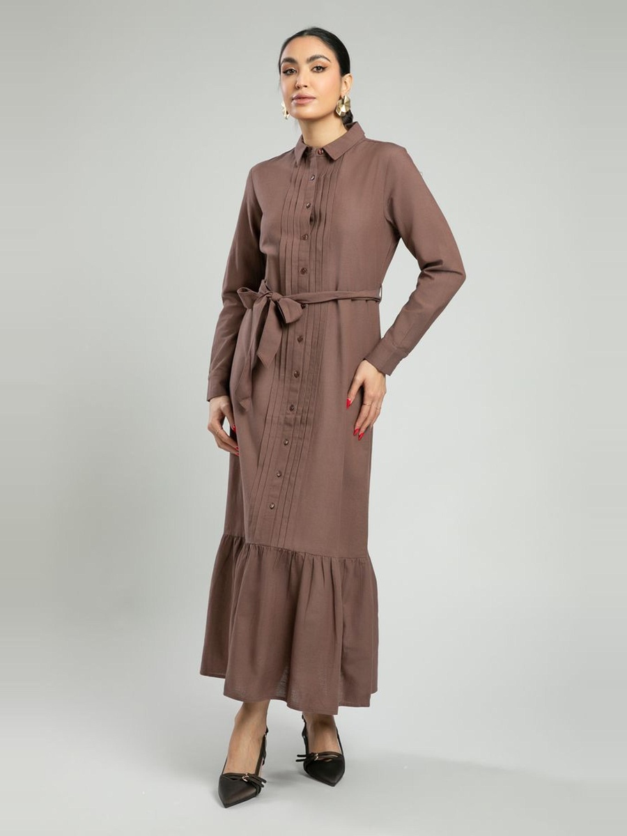 Shirt Dress with Belt And Embroidered Pleats