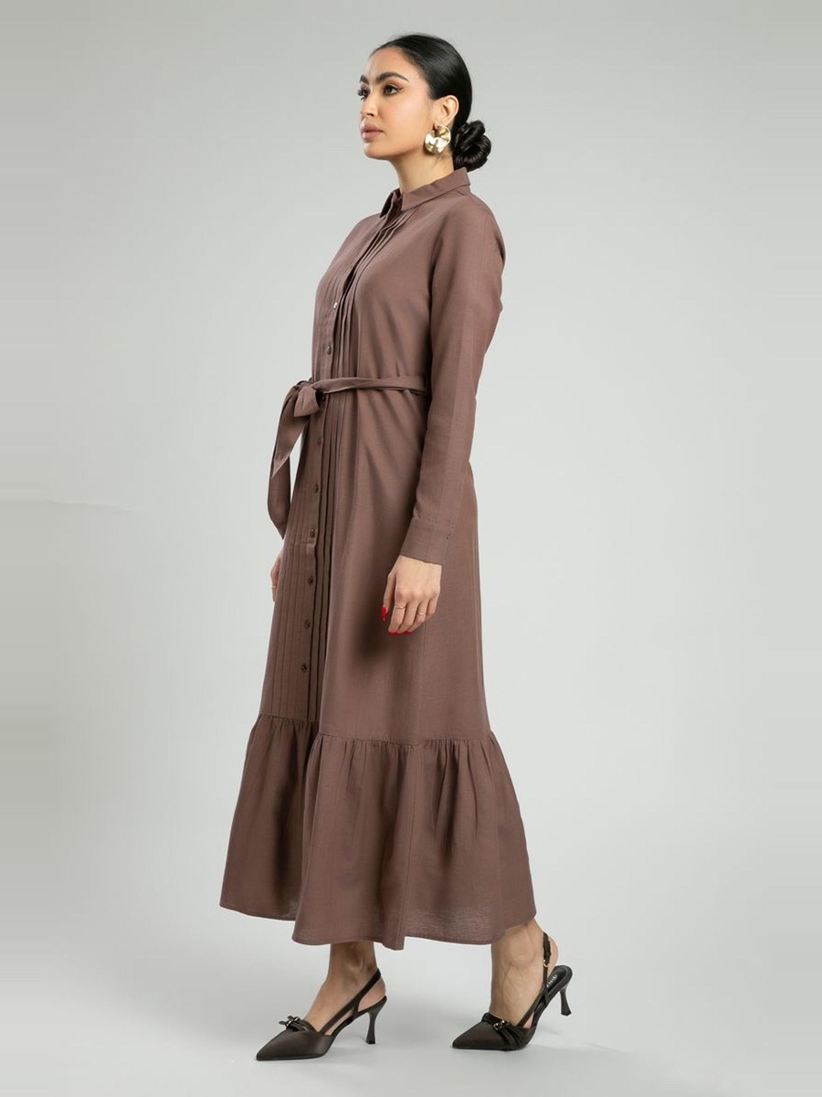 Shirt Dress with Belt And Embroidered Pleats