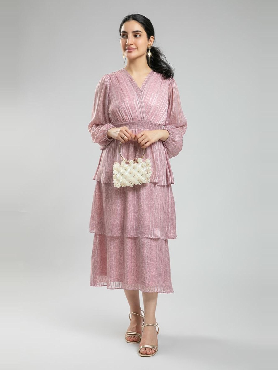 Feminine Long Sleeve Midi Dress - Layered Ruffles and Soft All Over Printed Fabric