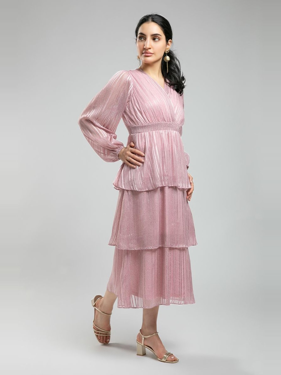 Feminine Long Sleeve Midi Dress - Layered Ruffles and Soft All Over Printed Fabric