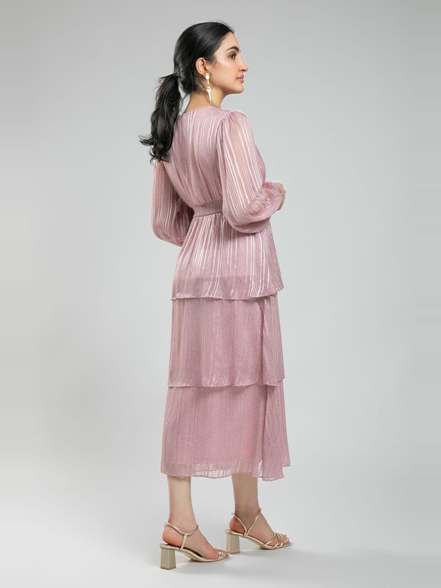 Feminine Long Sleeve Midi Dress - Layered Ruffles and Soft All Over Printed Fabric