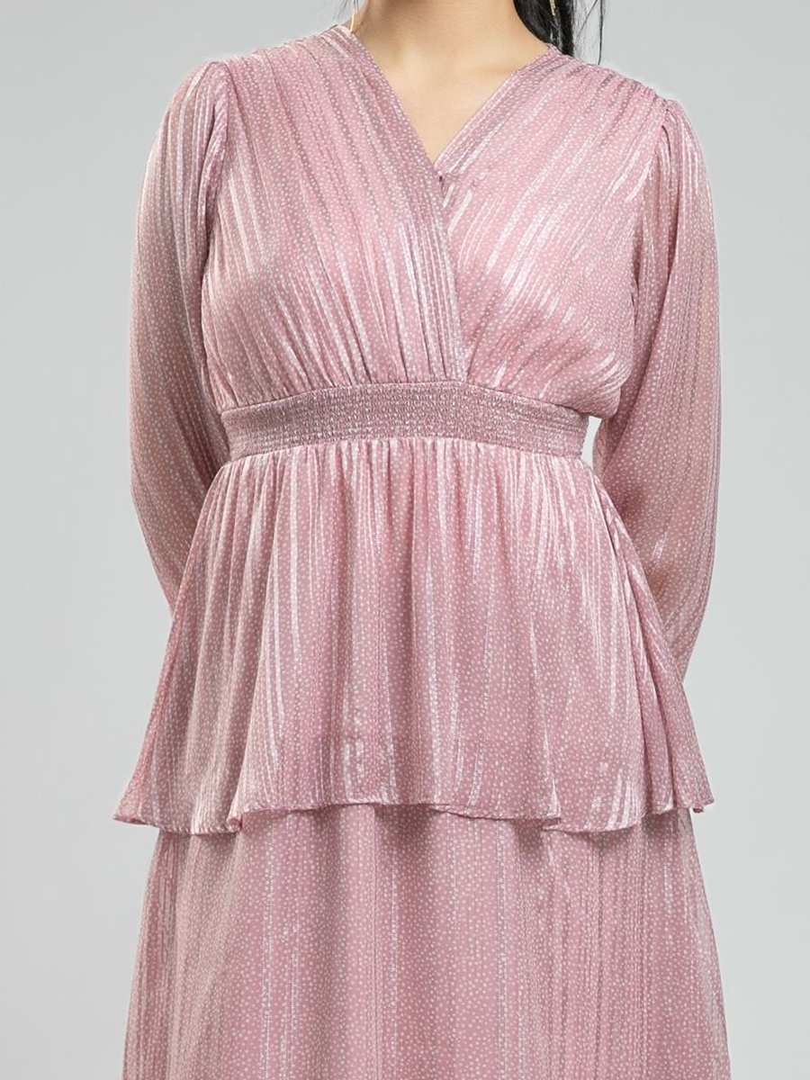 Feminine Long Sleeve Midi Dress - Layered Ruffles and Soft All Over Printed Fabric