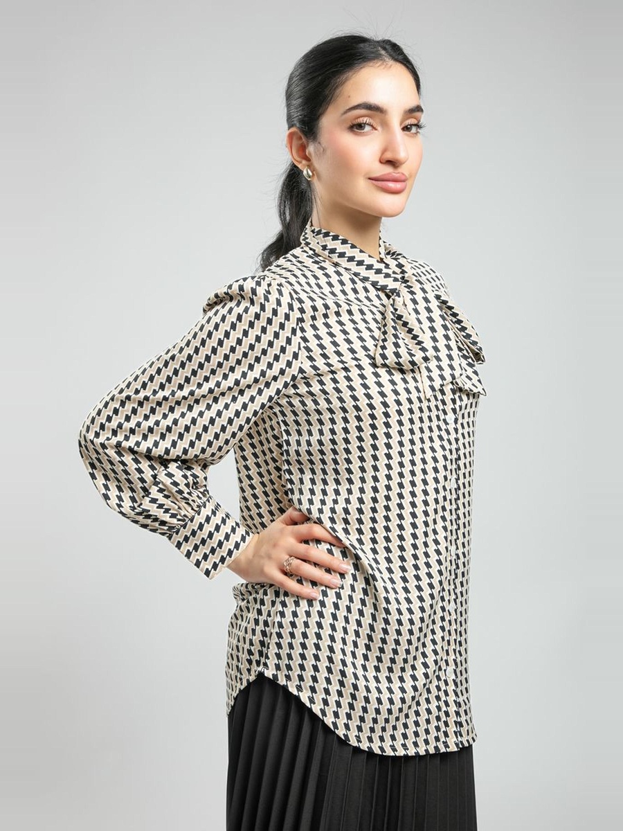 All-Over Print Long Sleeve Shirt with Neck Ribbon Tie