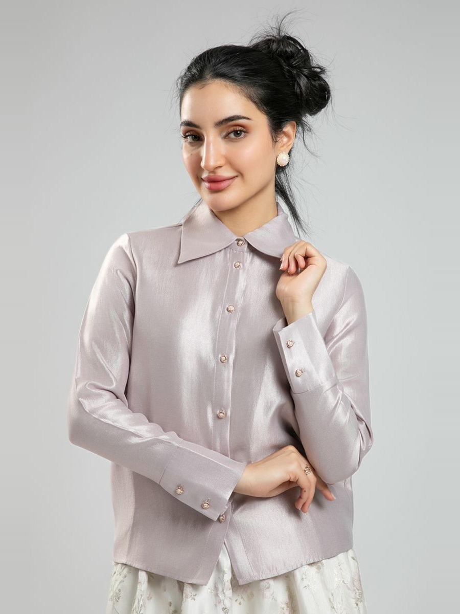 Long Sleeve Metallic Party Shirt - Shiny Finish