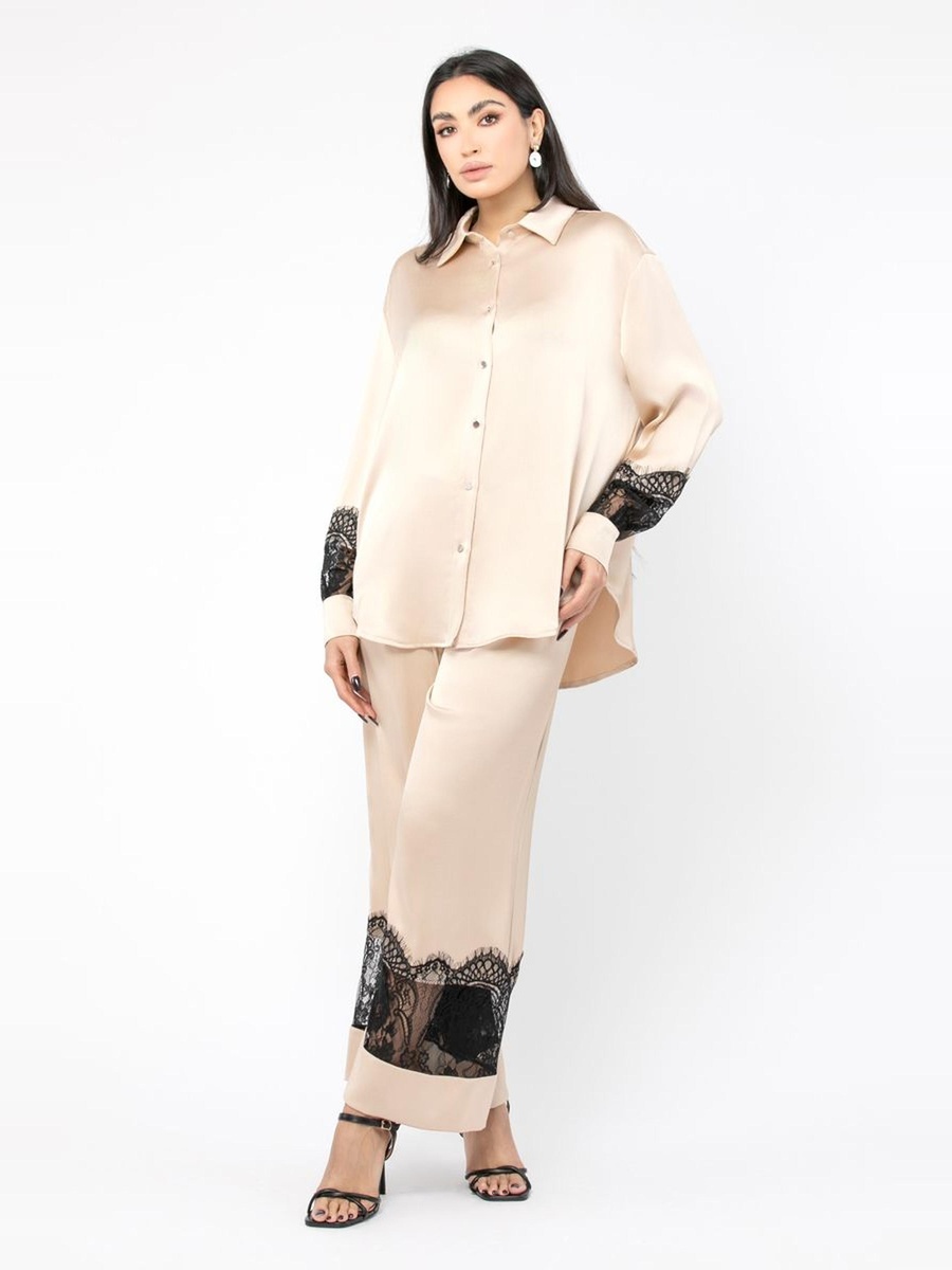 Wide Leg Satin Pants with Dantel Details
