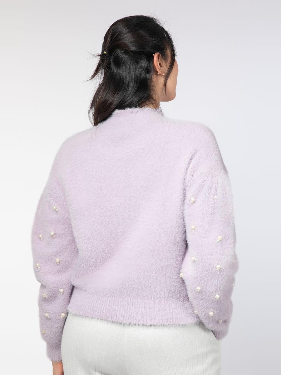 Plush Knitted Sweater with Pearls Details