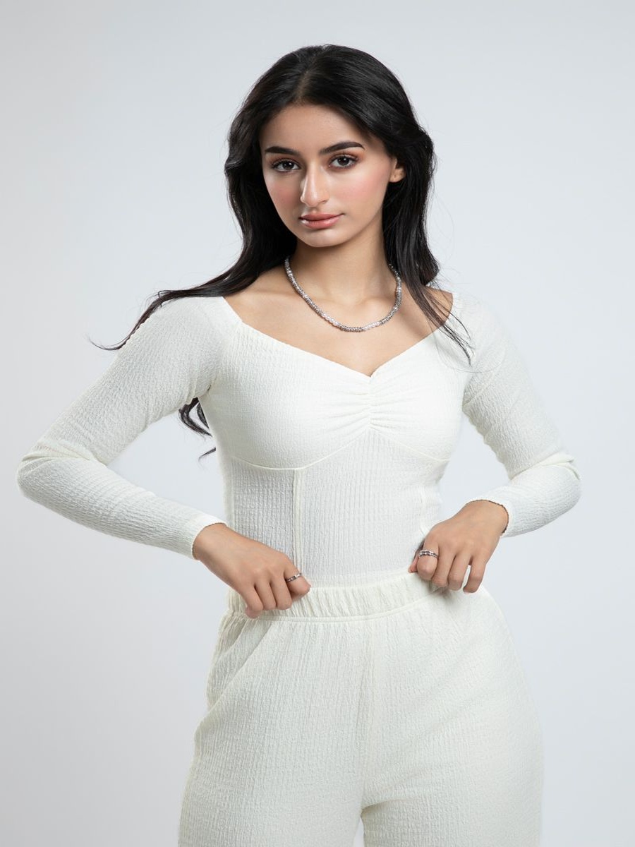Office Attire Cropped Bodycon Long Sleeve Blouse Solid Textured Fabric