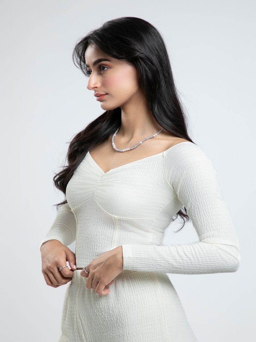 Office Attire Cropped Bodycon Long Sleeve Blouse Solid Textured Fabric