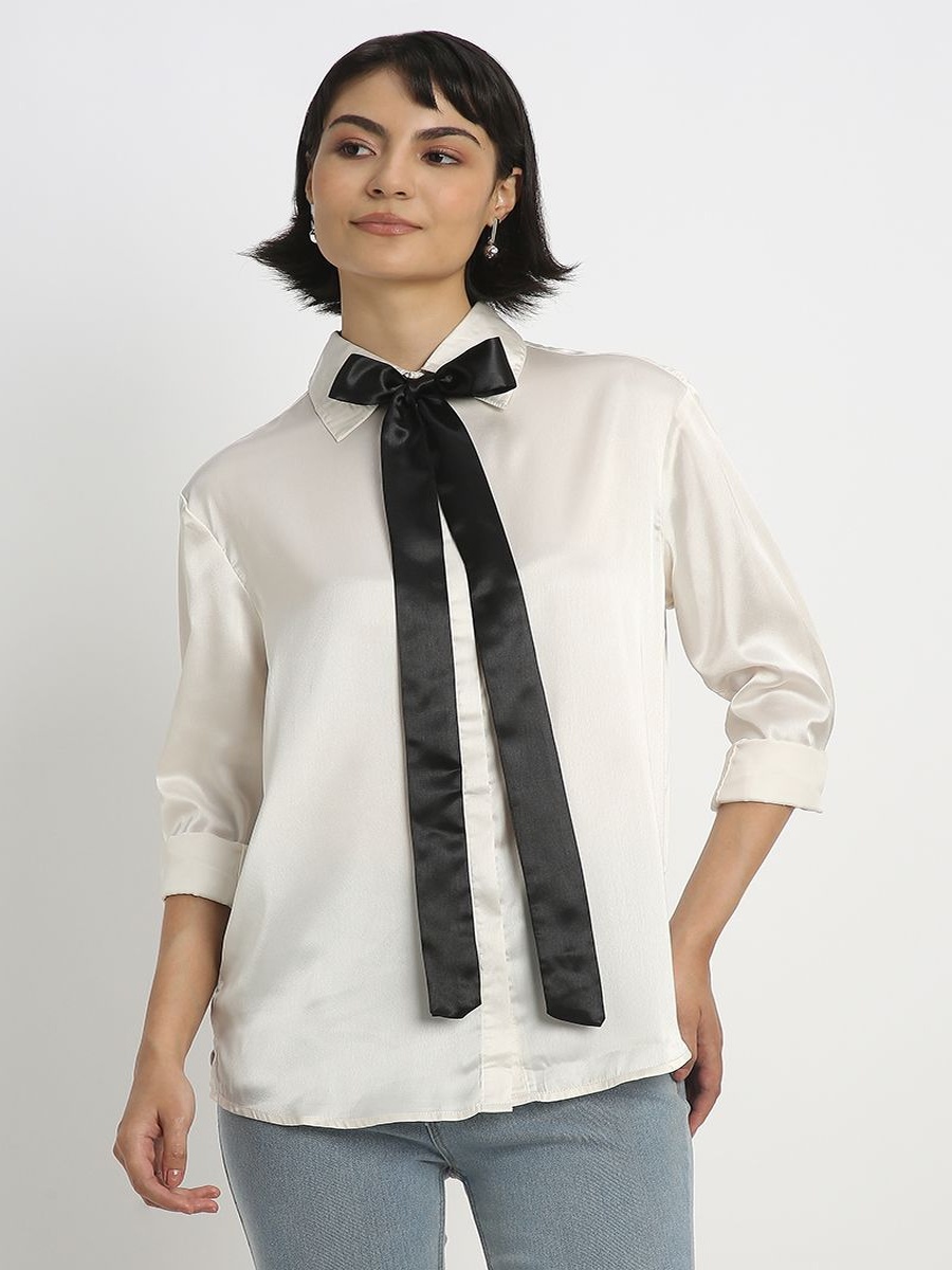 Office Satin Long Sleeve Womens Shirt Tie Neck and Button Front